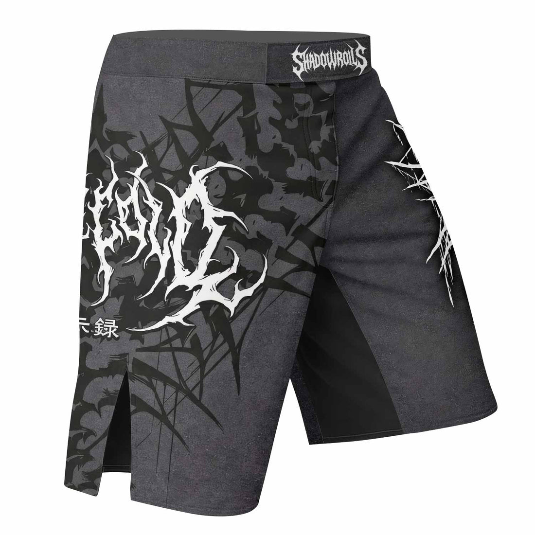 Black Metal Gothic Spine Fight Shorts - right side mockup