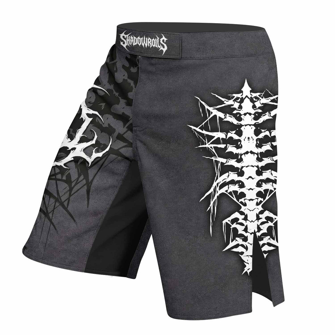 Black Metal Gothic Spine Fight Shorts - right side mockup