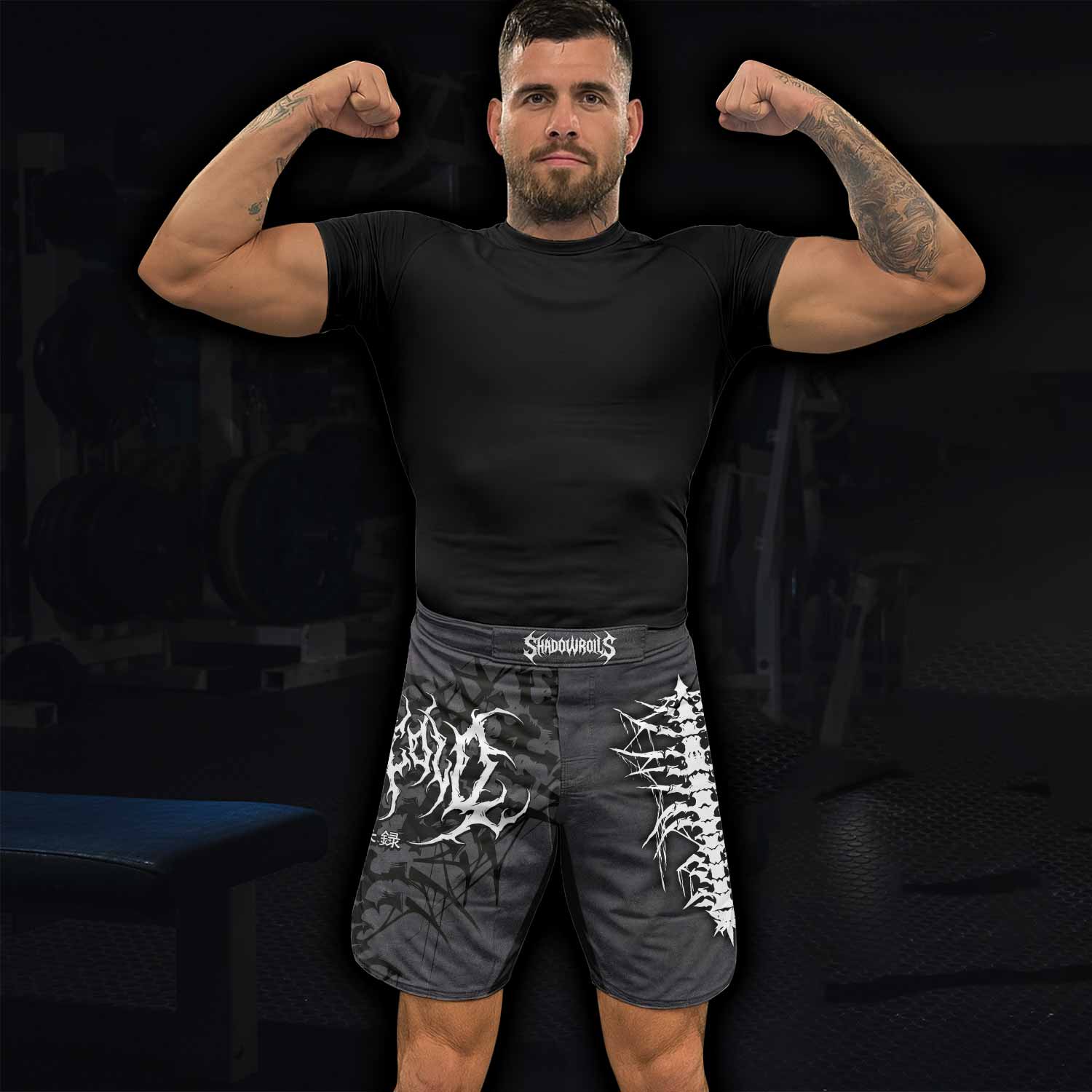 Black Metal Gothic Spine Fight Shorts - lifestyle view