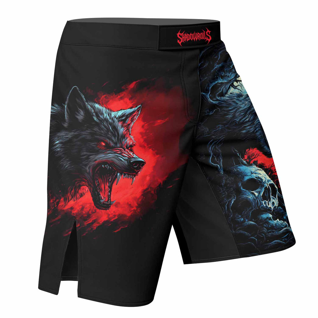 Twin Wolf Apocalypse Fight Shorts - right side mockup