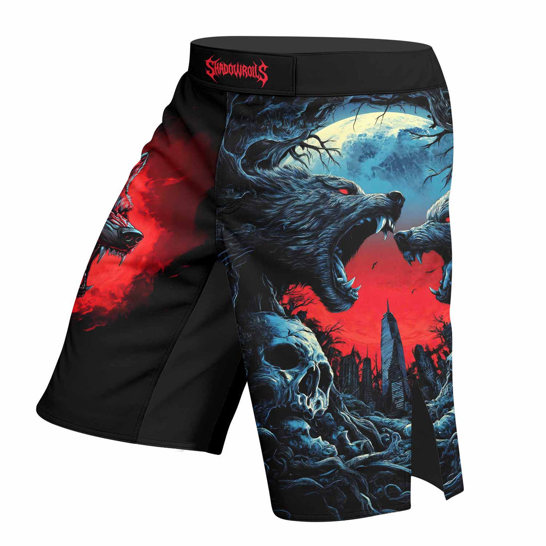 Twin Wolf Apocalypse Fight Shorts - right side mockup