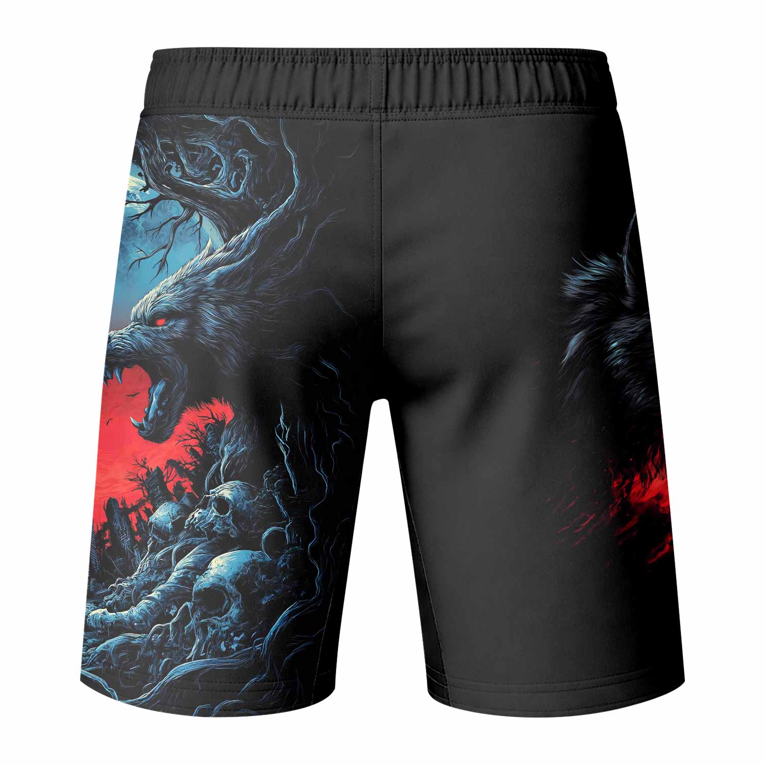 Twin Wolf Apocalypse Fight Shorts - back view mockup