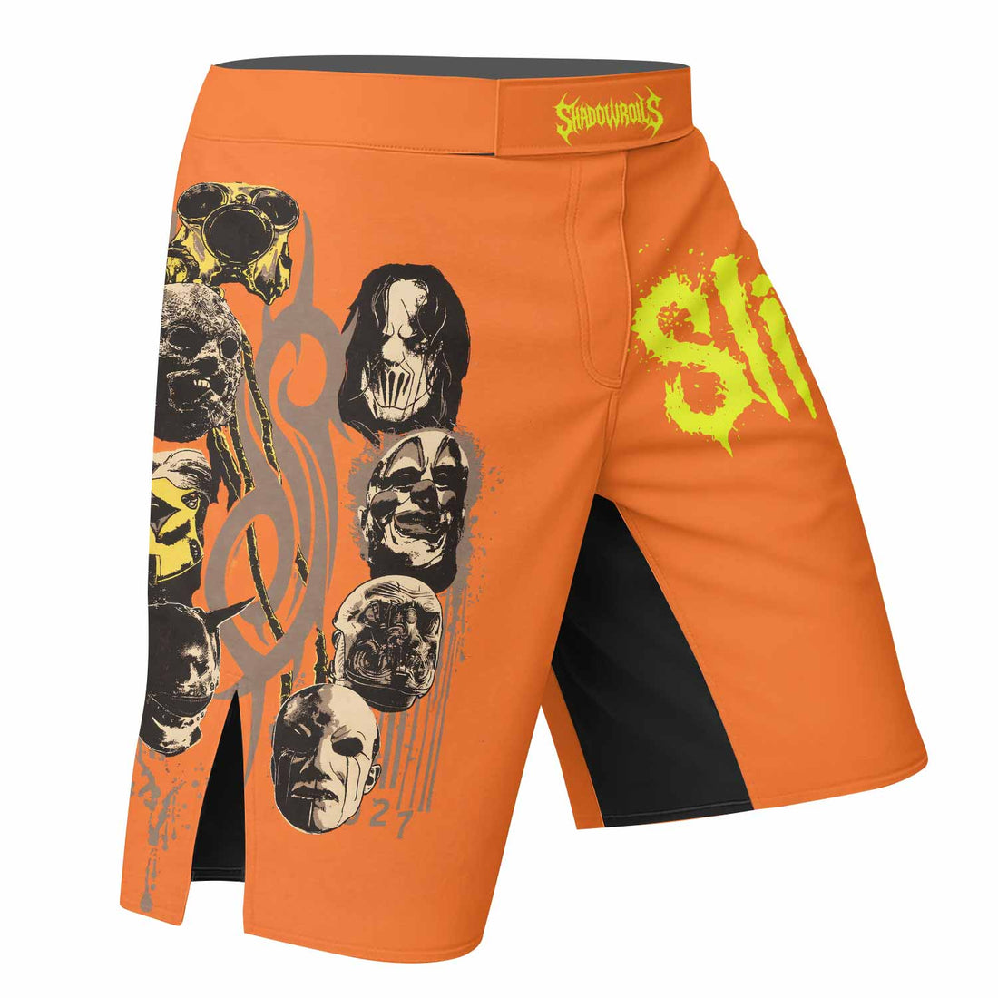 Slipknot Splatter Orange Fight Shorts - right side mockup