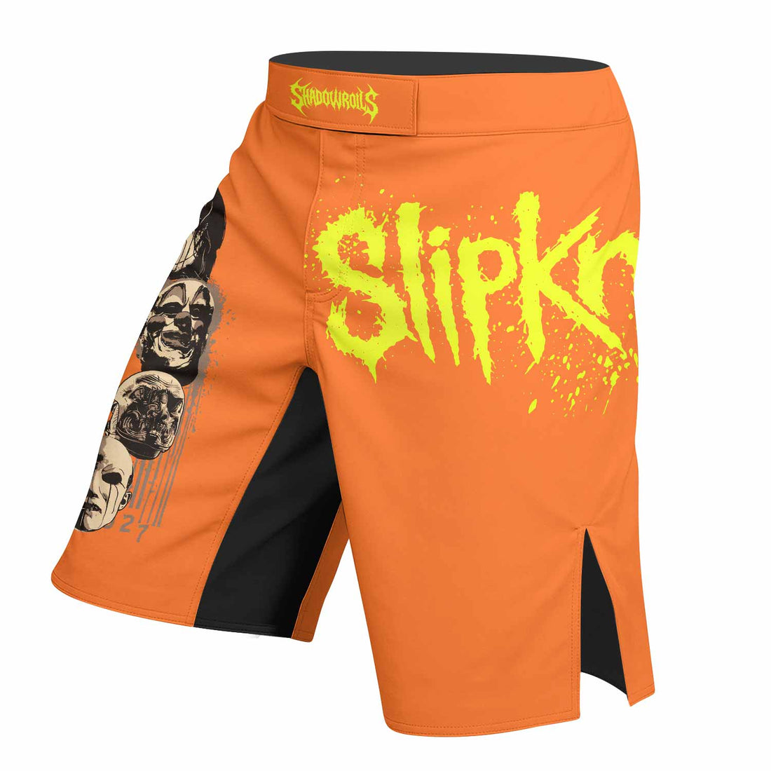 Slipknot Splatter Orange Fight Shorts - right side mockup
