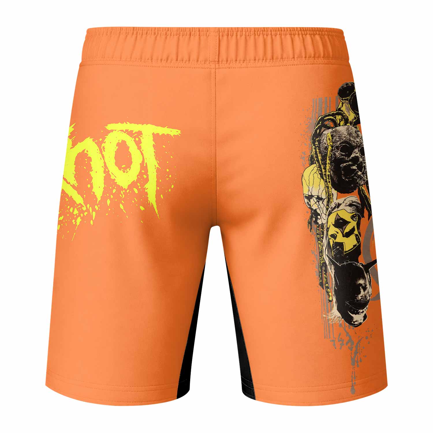 Slipknot Splatter Orange Fight Shorts - back view mockup