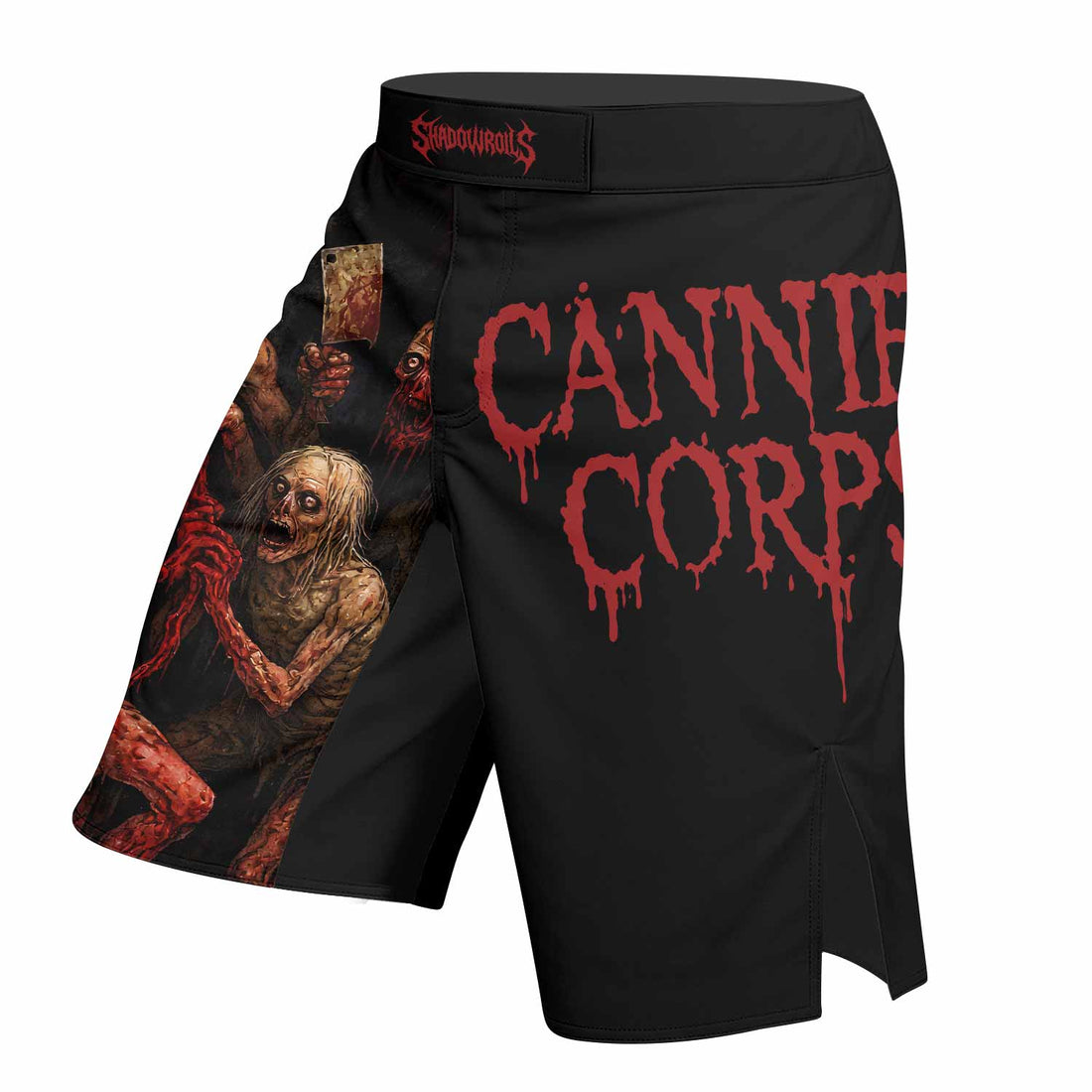 Butchered at Birth Cannibal Corpse Fight Shorts - right side mockup