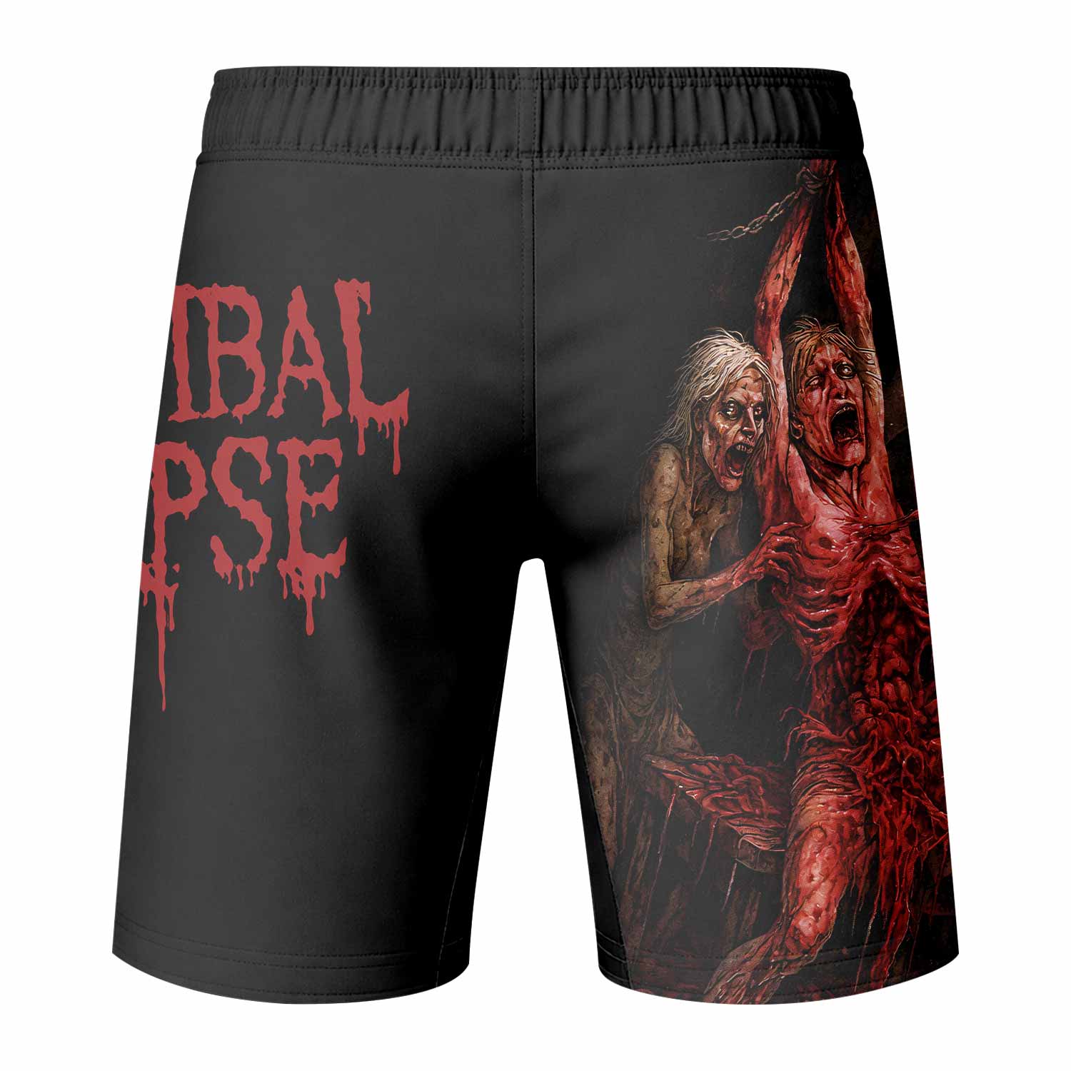 Butchered at Birth Cannibal Corpse Fight Shorts - back view mockup