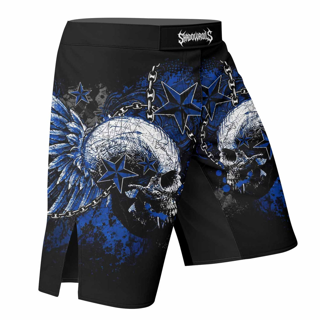 Blue Winged Skull Fight Shorts - right side mockup