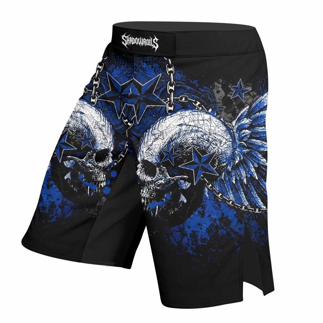 Blue Winged Skull Fight Shorts - right side mockup