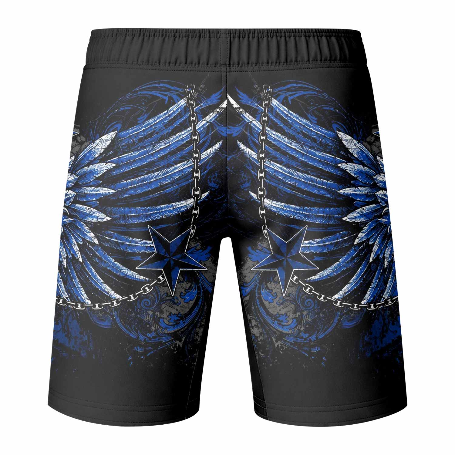 Blue Winged Skull Fight Shorts - back view mockup