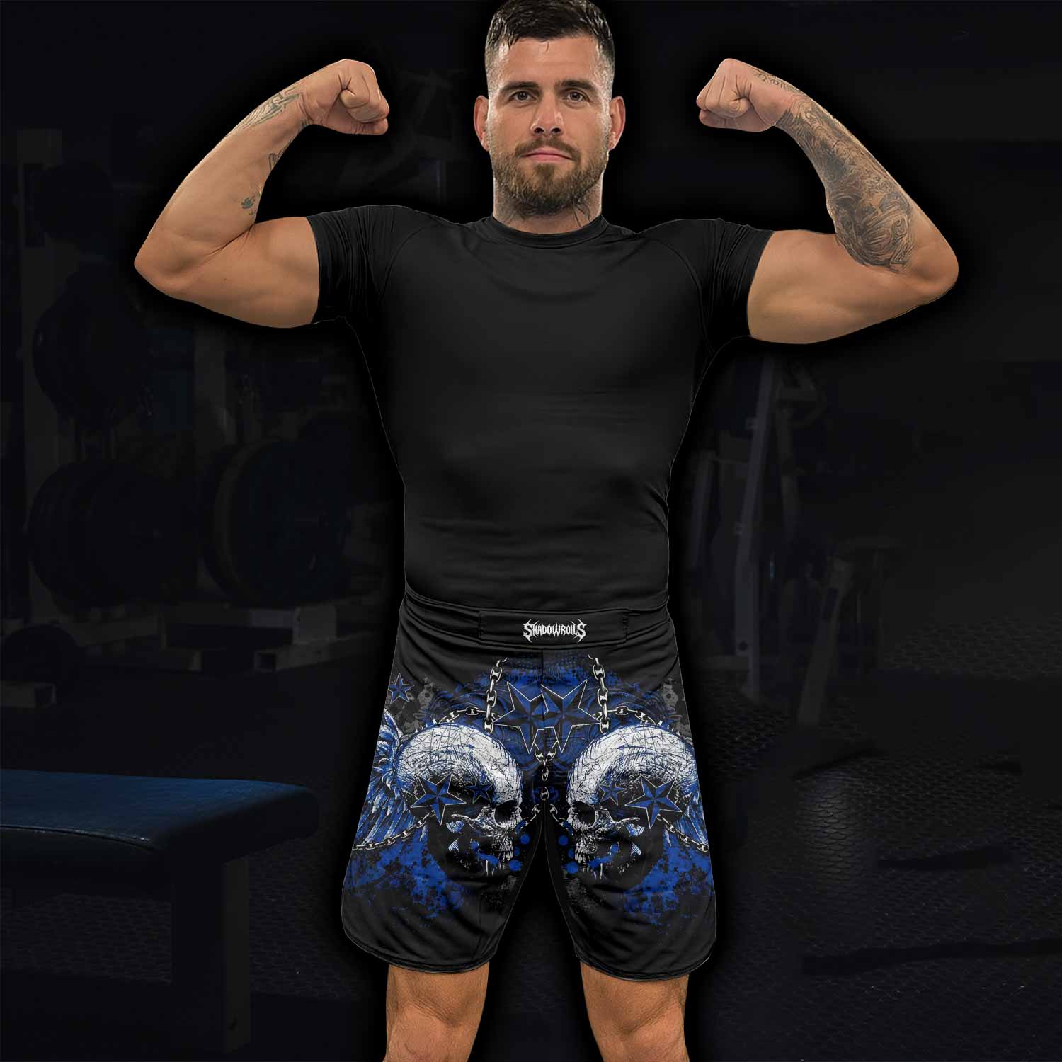 Blue Winged Skull Fight Shorts - lifestyle view