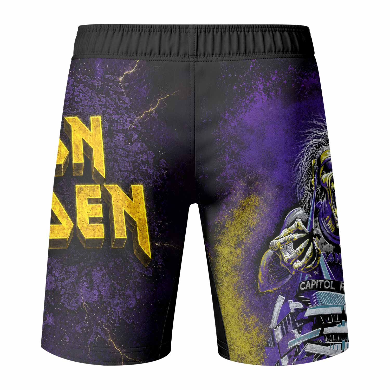 Iron Maiden Capitol Chaos Eddie Fight Shorts - back view mockup