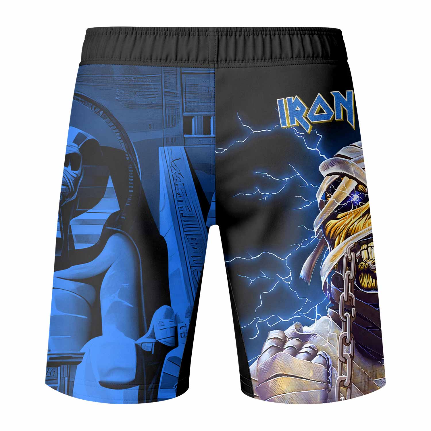 Iron Maiden Powerslave Mummy Eddie Fight Shorts - back view mockup