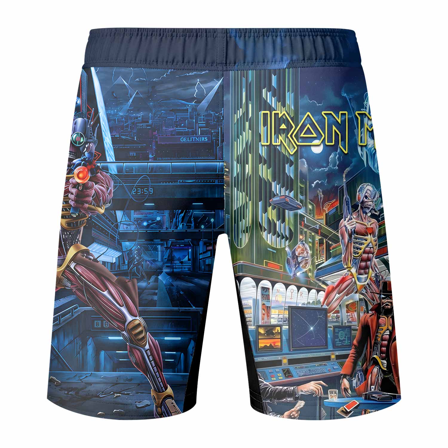 Iron Maiden Somewhere in Time Eddie Cyborg Fight Shorts - back view mockup