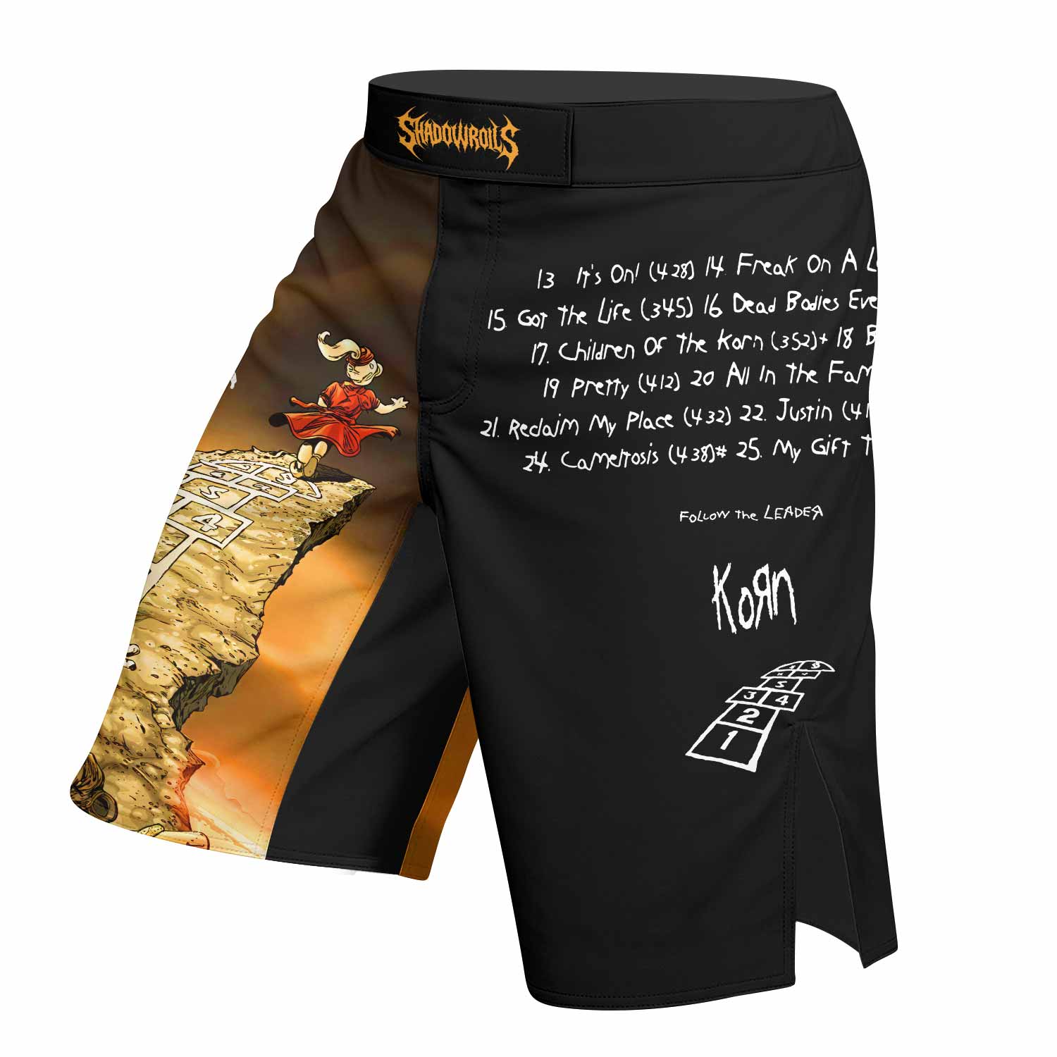 Korn Follow the Leader Hopscotch Fight Shorts - left side mockup