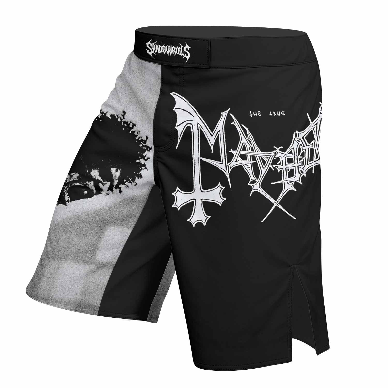 Mayhem Pure Fucking Armageddon Fight Shorts - left side mockup