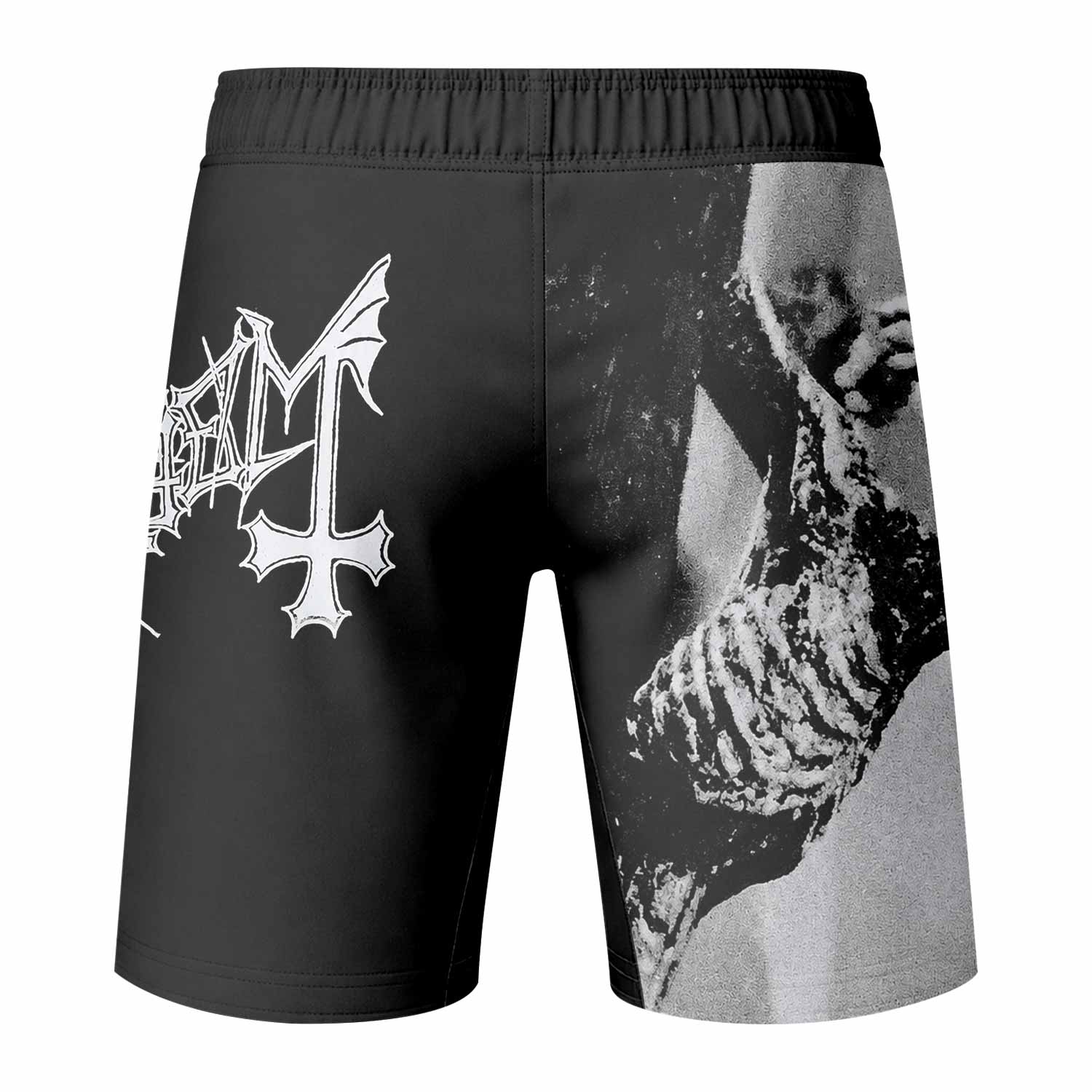 Mayhem Pure Fucking Armageddon Fight Shorts - back view mockup