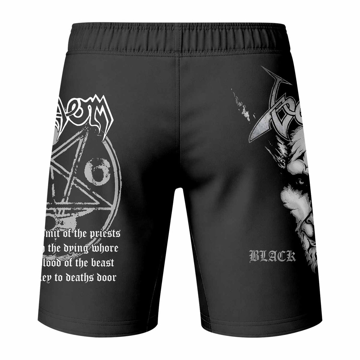 Venom Black Metal Goat Sigil Fight Shorts - back view mockup