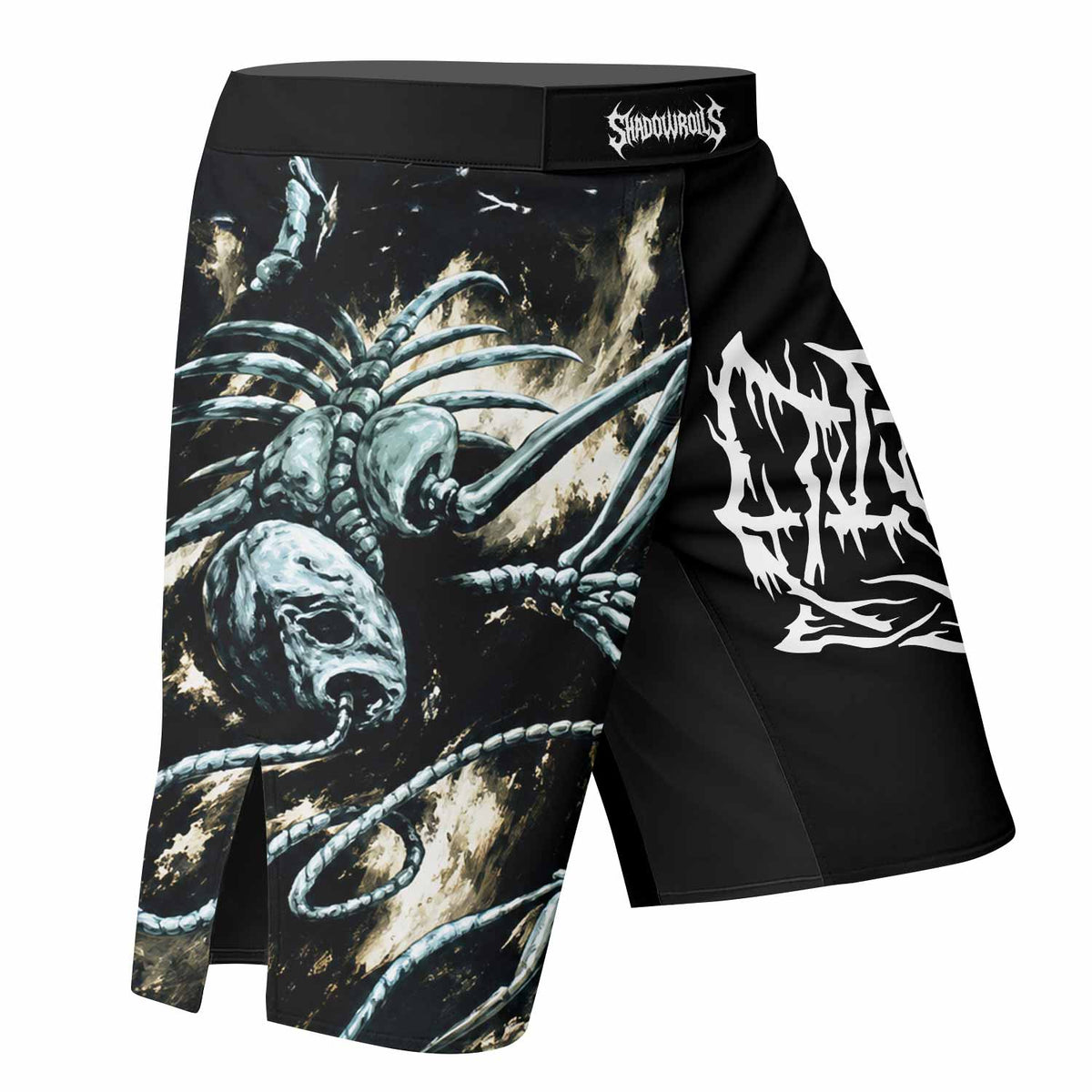 Leviathan A Silhouette in Splinters Fight Shorts - right side mockup