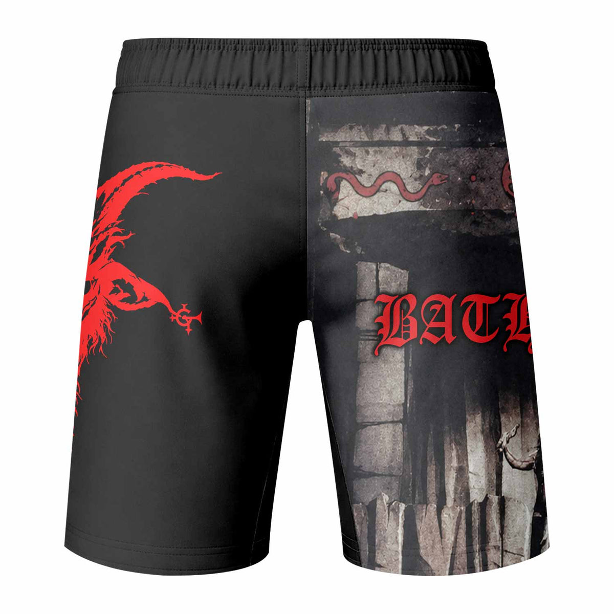 Bathory Under the Sign of the Black Mark Fight Shorts - back view mockup