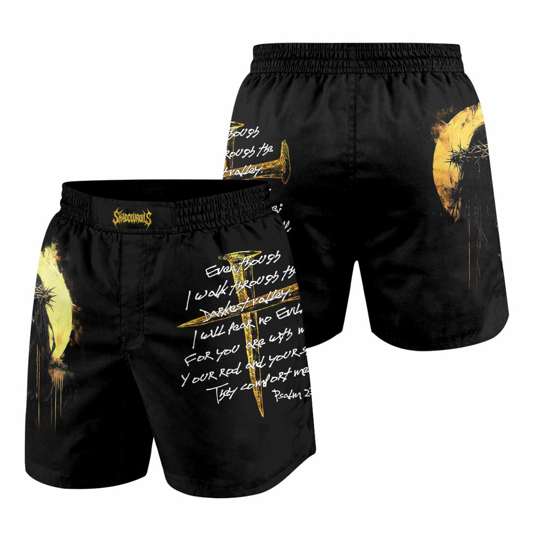 Psalm 23:4 No Evil Shall I Fear Grappling Shorts - front and back view