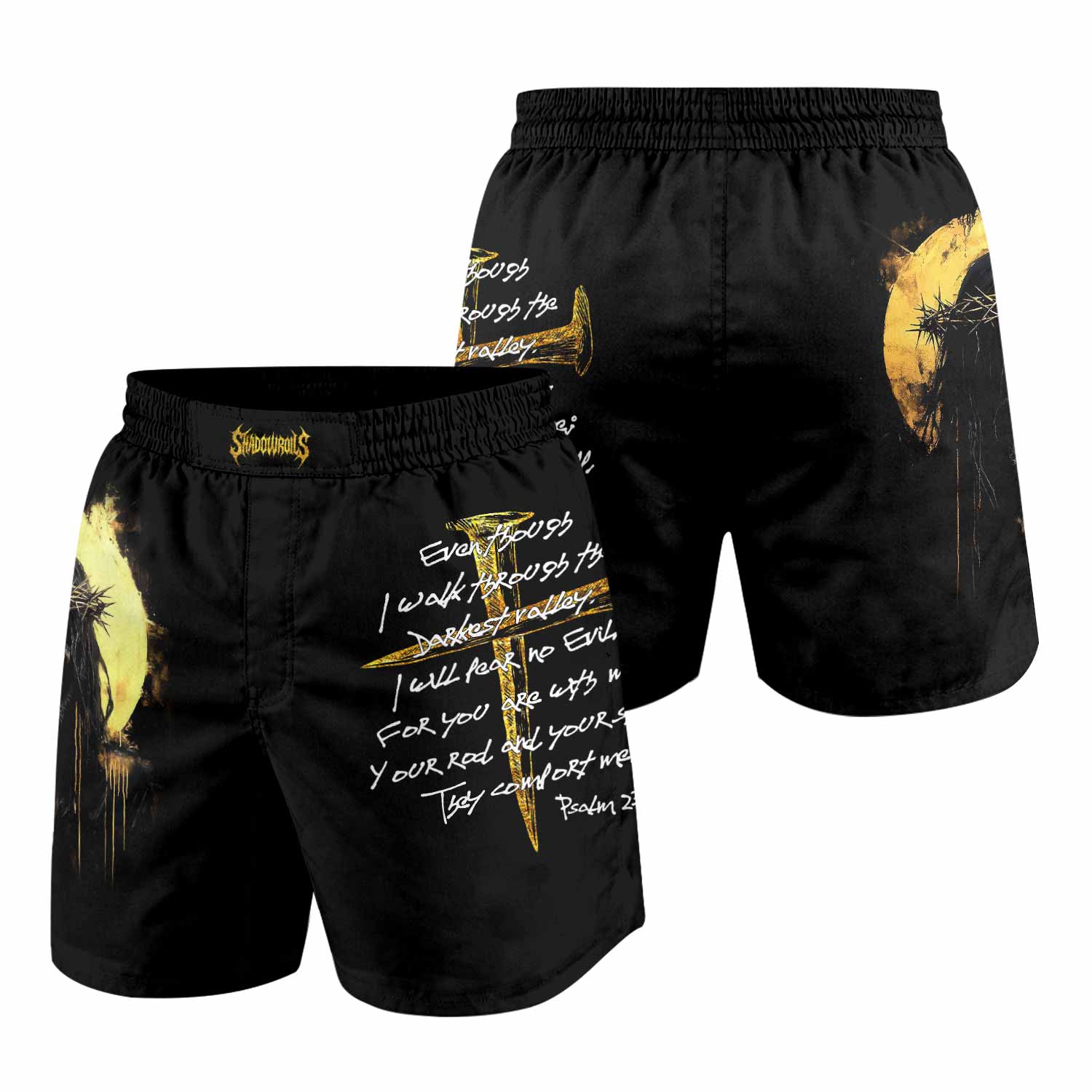Psalm 23:4 No Evil Shall I Fear Grappling Shorts - front and back view
