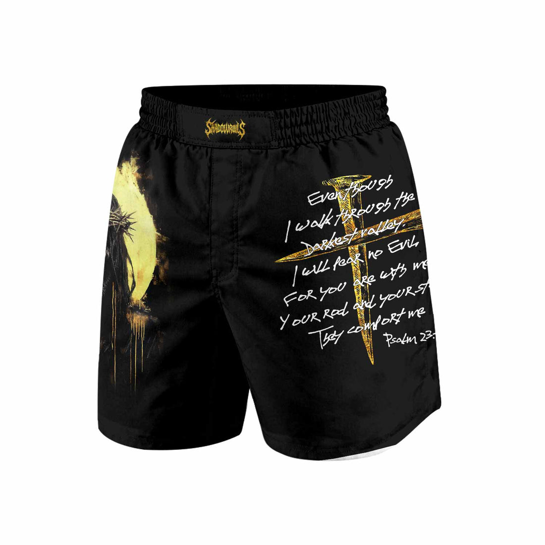 Psalm 23:4 No Evil Shall I Fear Grappling Shorts - front and back view