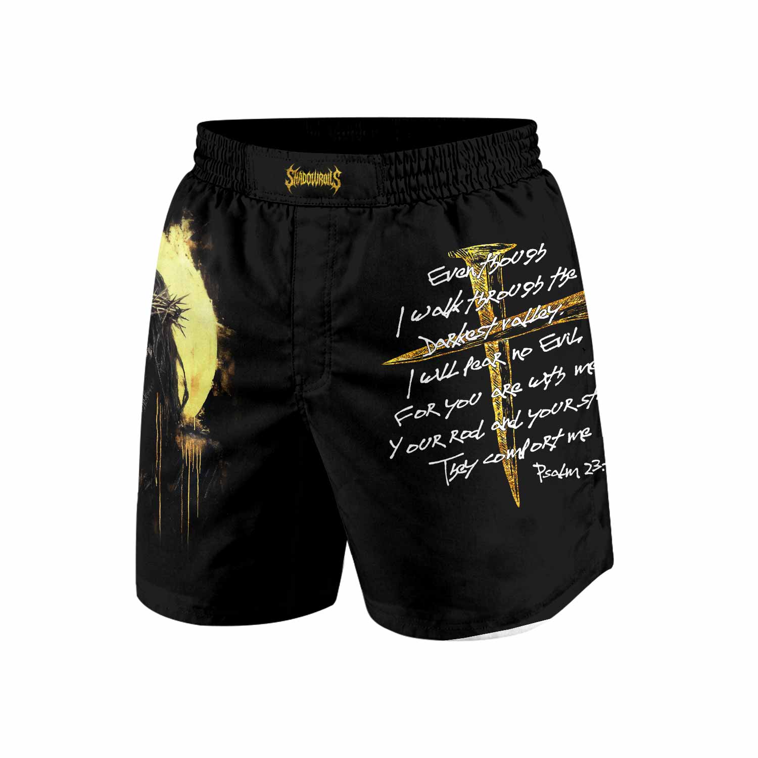 Psalm 23:4 No Evil Shall I Fear Grappling Shorts - front view mockup