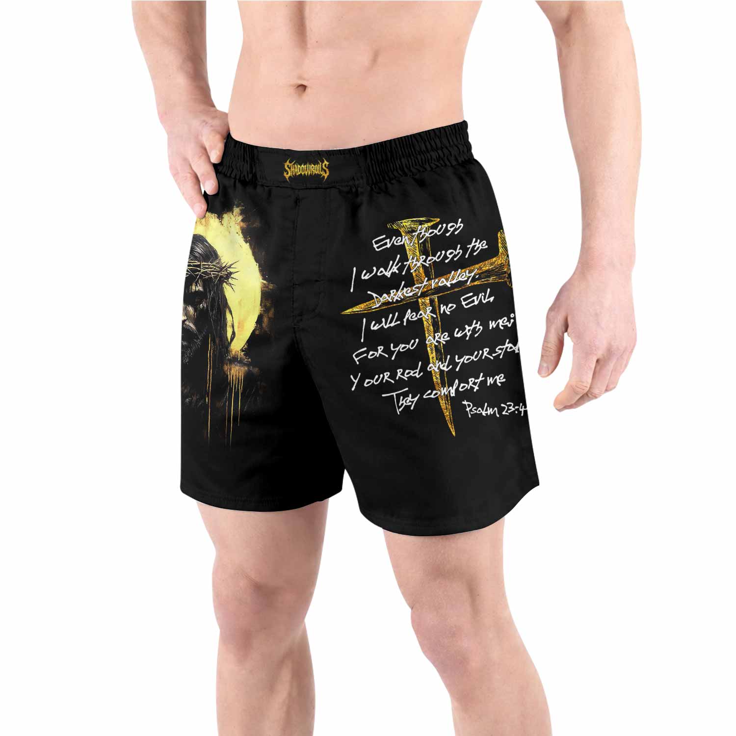 Psalm 23:4 No Evil Shall I Fear Grappling Shorts - front view lifestyle