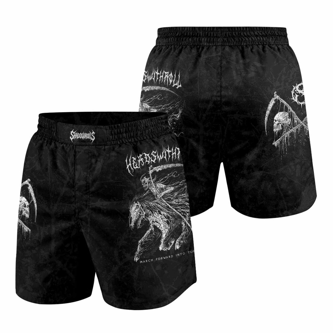 March Into Turmoil Grappling Shorts - front and back view