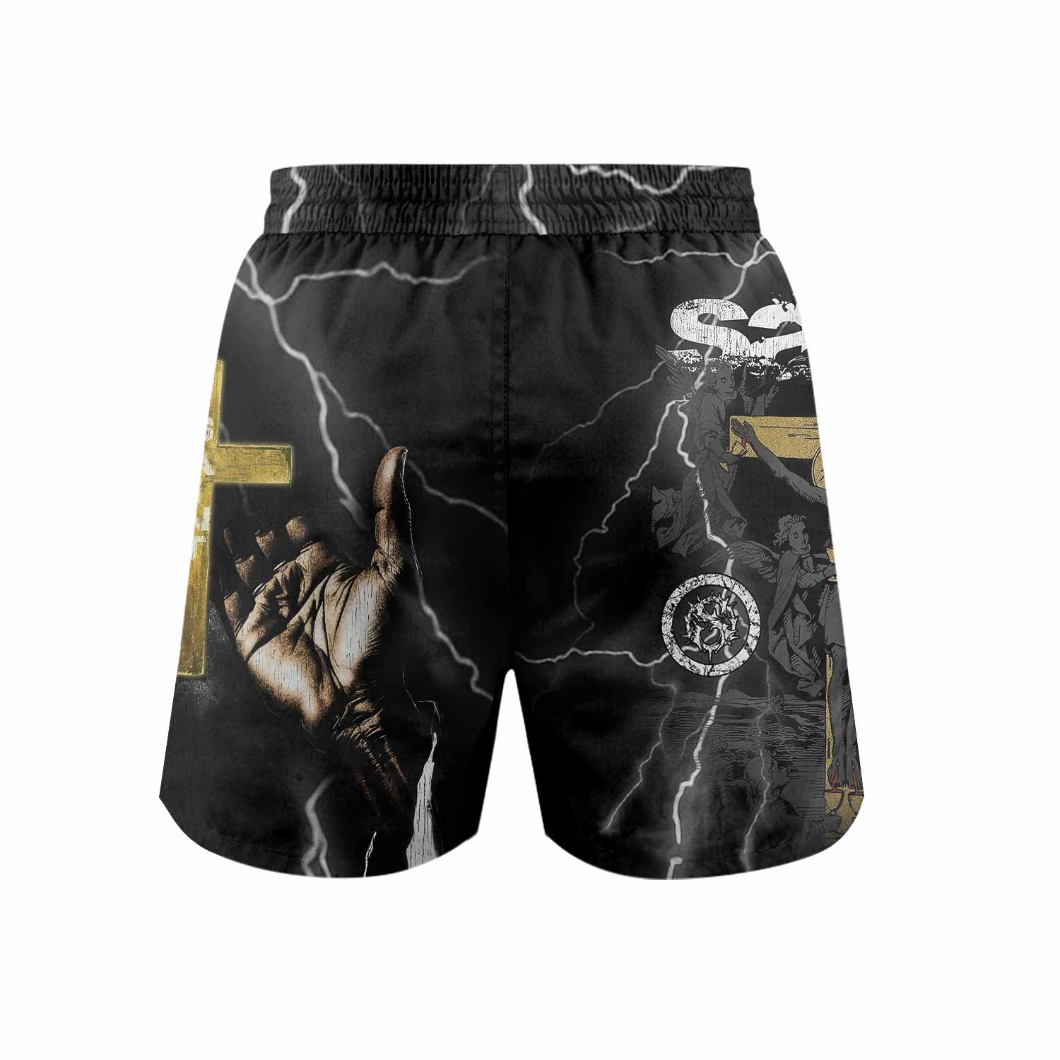 Crucified Saint Grappling Shorts - back view mockup