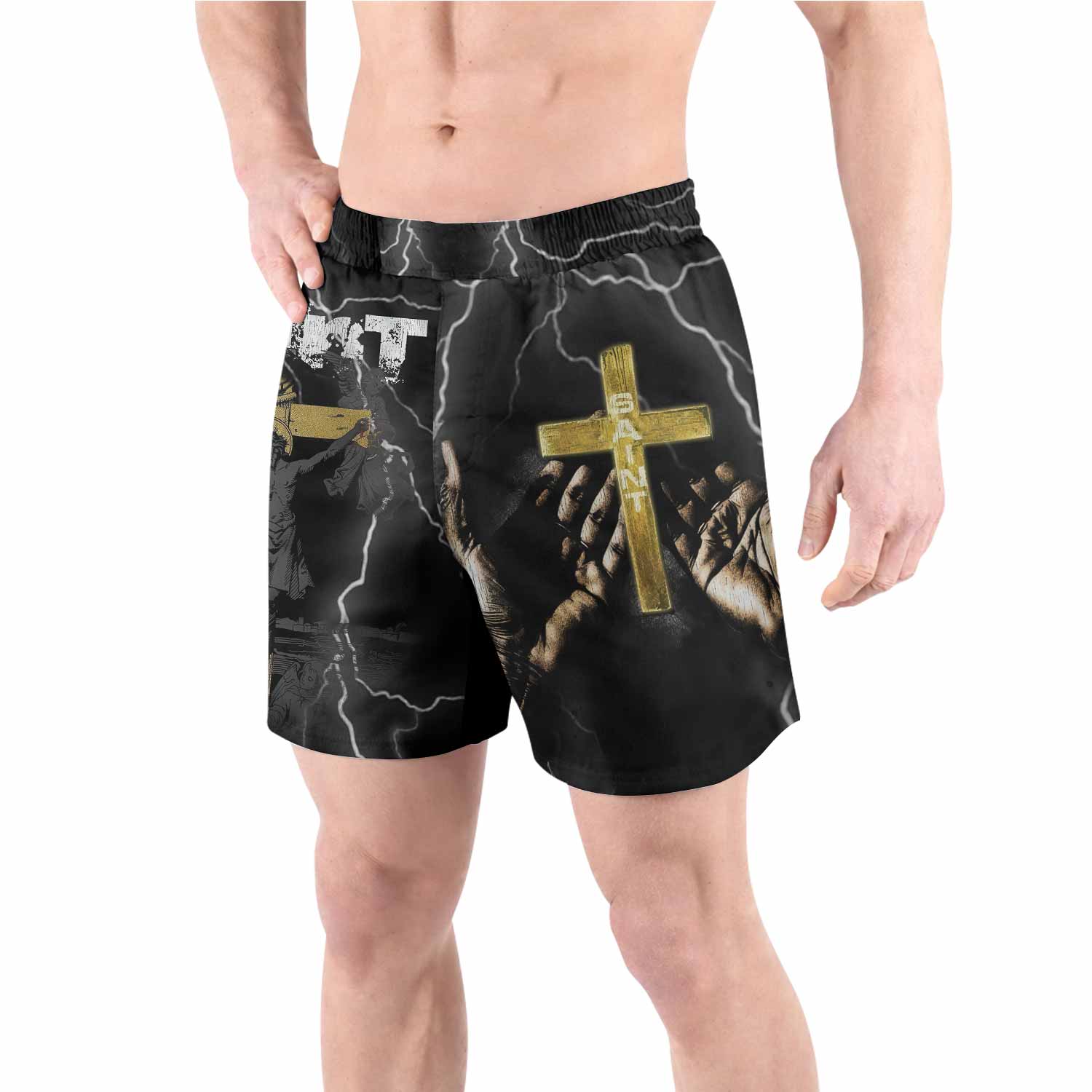 Crucified Saint Grappling Shorts - front view lifestyle