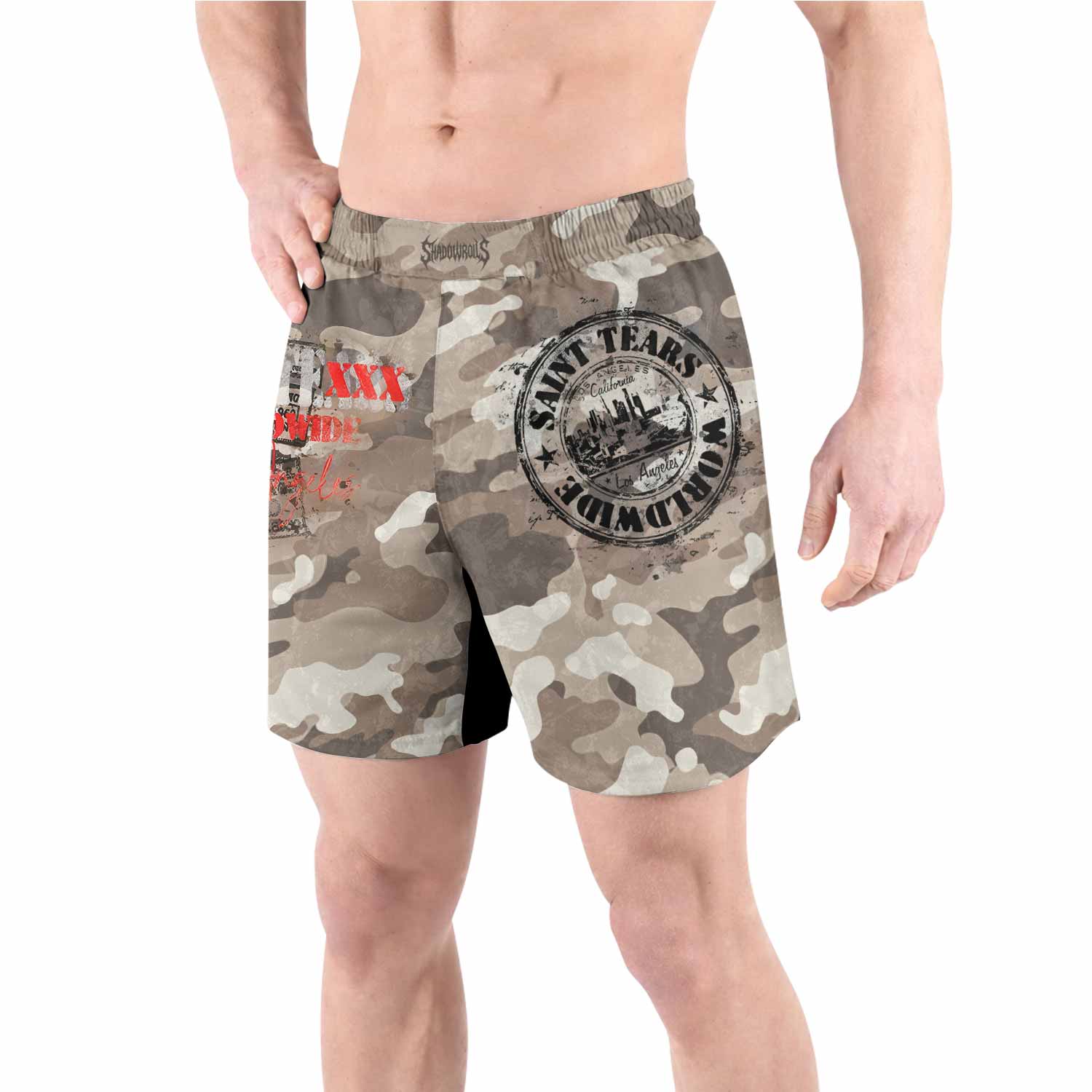 Saint Tears Camo Grappling Shorts - front view lifestyle
