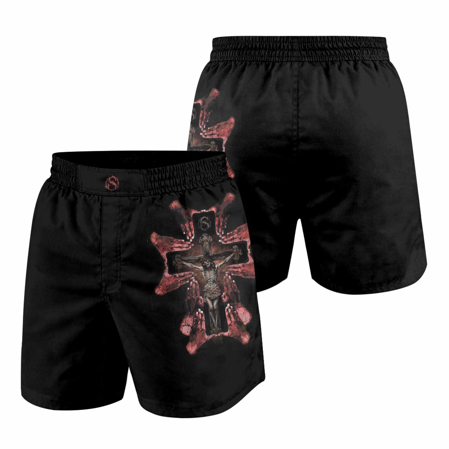 Stigmata Prayer Grappling Shorts - front and back view