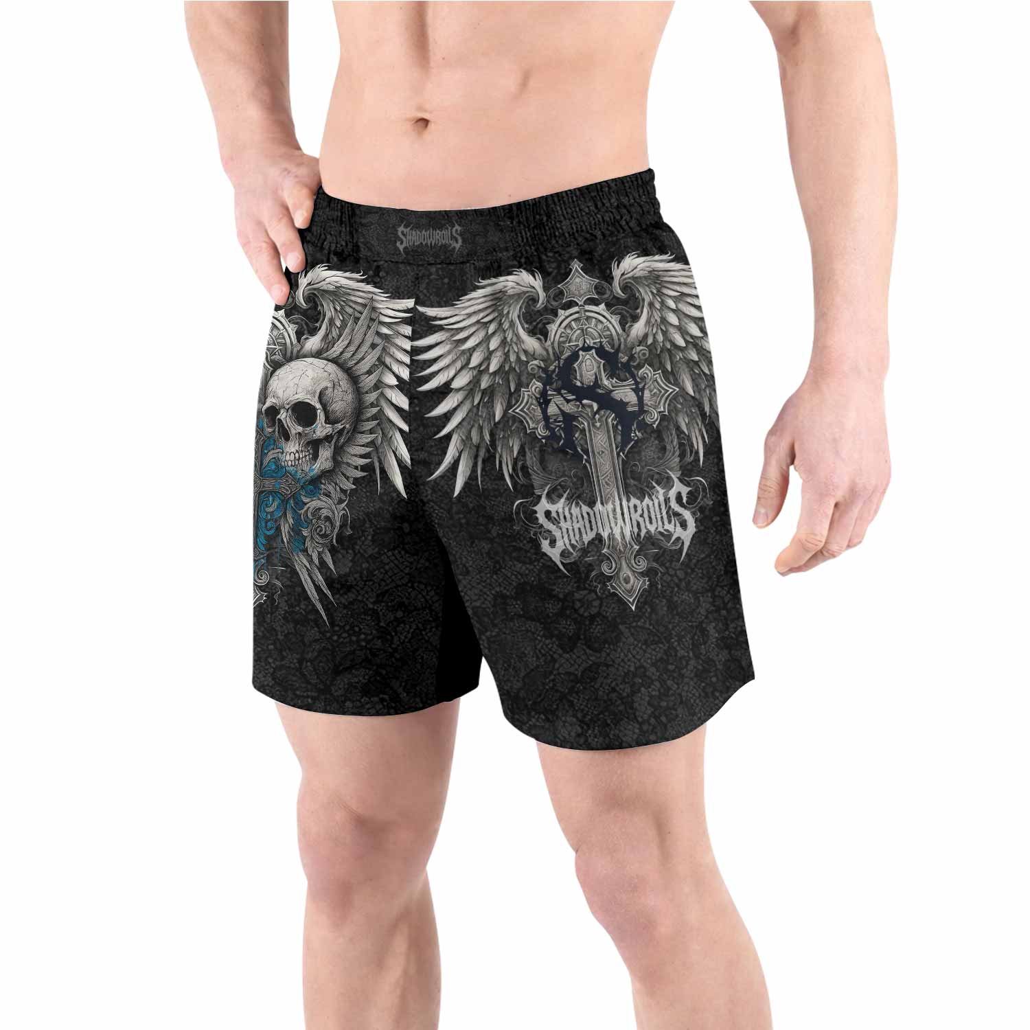 Twin Skulls Covenant Grappling Shorts - front view lifestyle