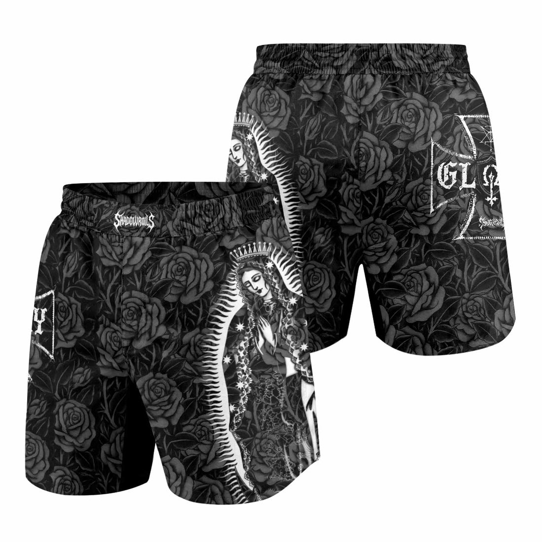Black Rose Madonna Grappling Shorts - front and back view