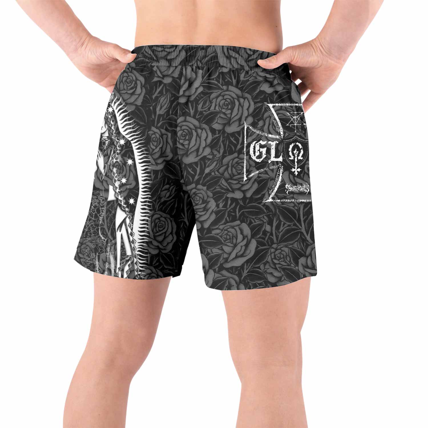 Black Rose Madonna Grappling Shorts - back view lifestyle