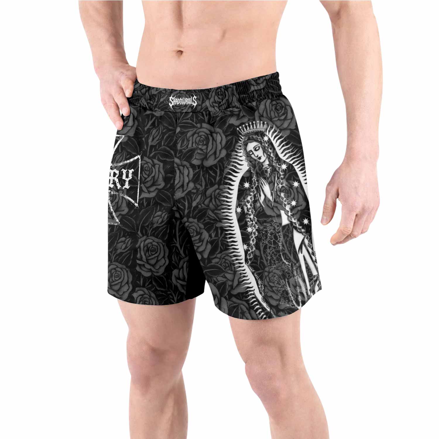 Black Rose Madonna Grappling Shorts - front view lifestyle