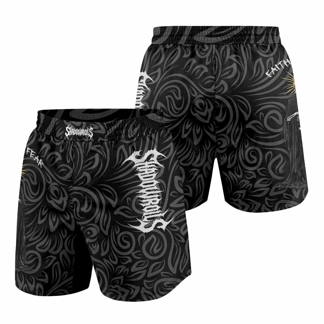 Faith Over Fear Dark Halo Grappling Shorts - front and back view