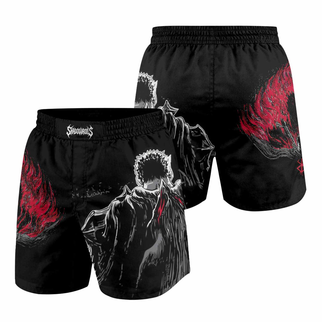 Berserk Black Swordsman Grappling Shorts - front and back view