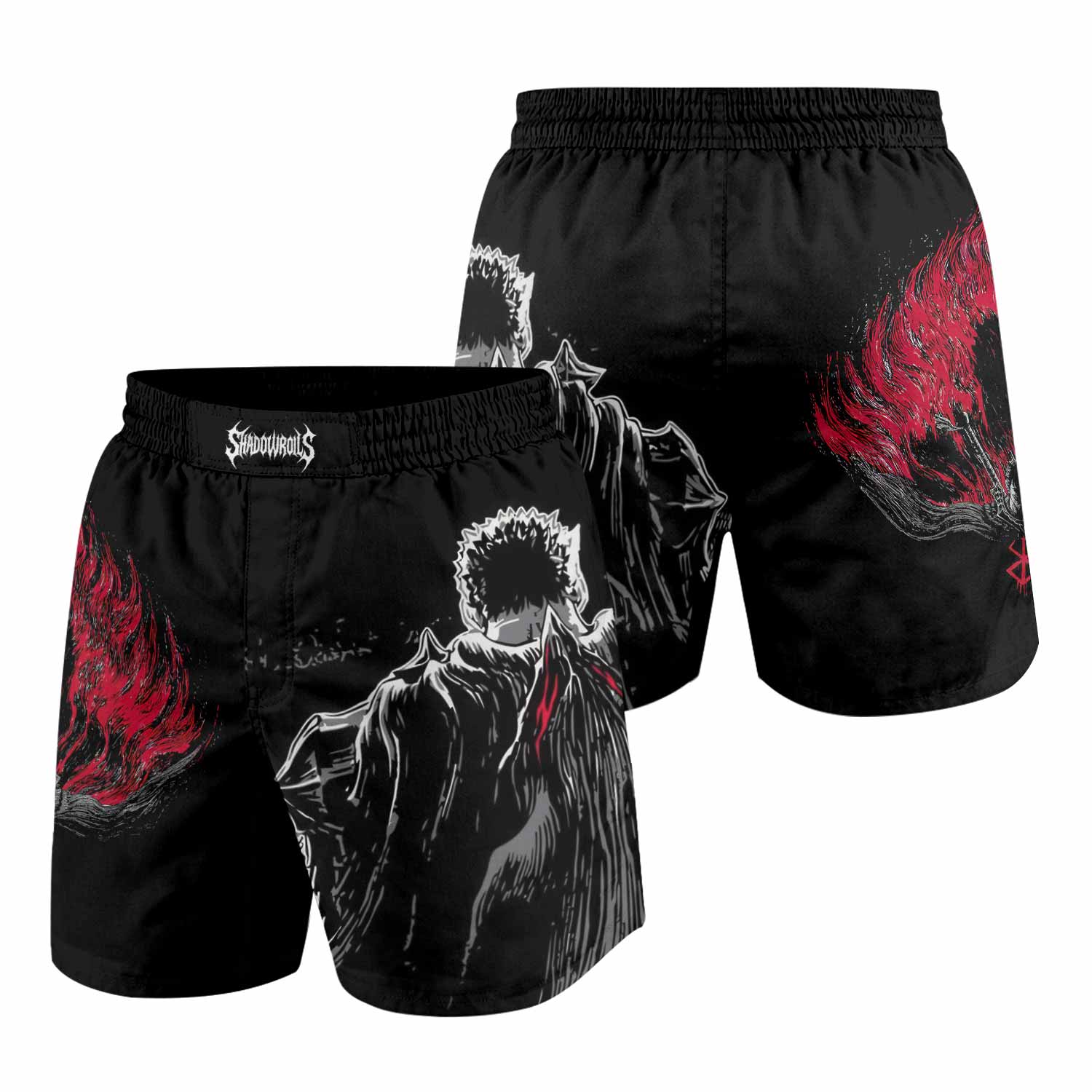 Berserk Black Swordsman Grappling Shorts - front and back view
