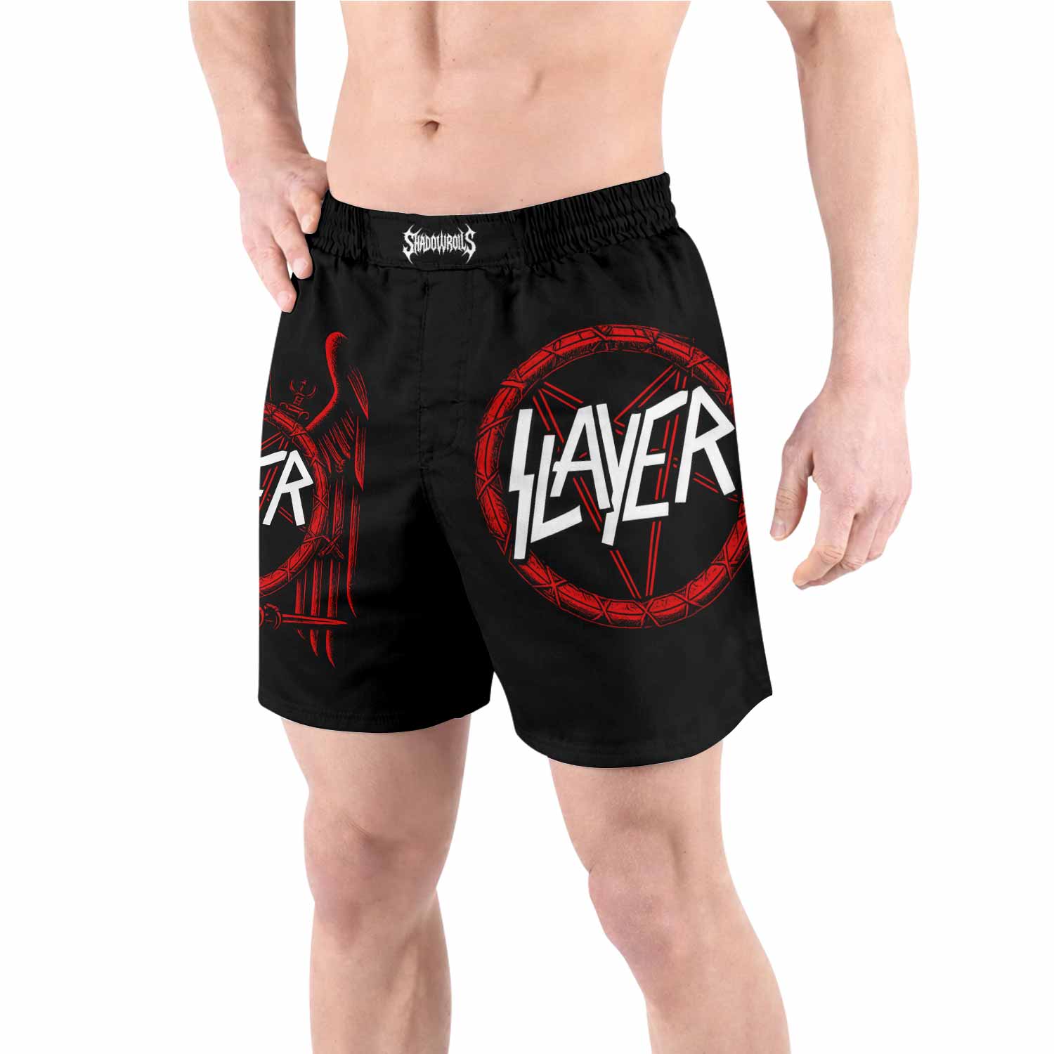 Slayer Red Eagle Grappling Shorts - front view lifestyle