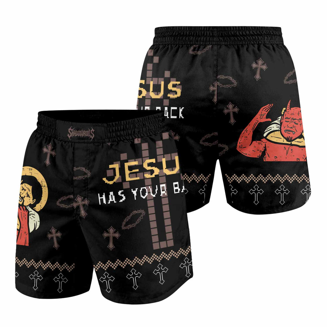 Jesus Has Your Back Grappling Shorts - front and back view