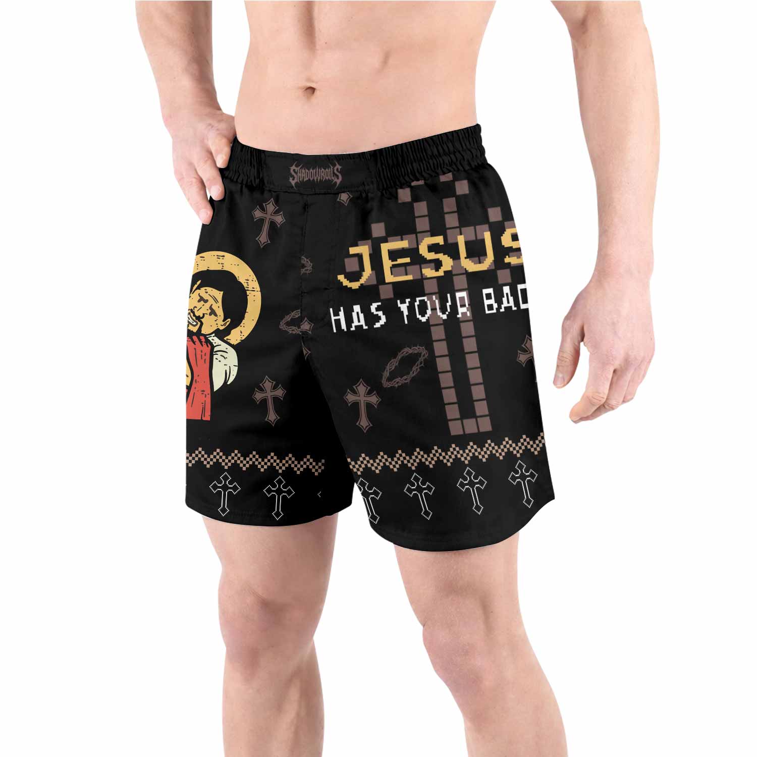 Jesus Has Your Back Grappling Shorts - front view lifestyle
