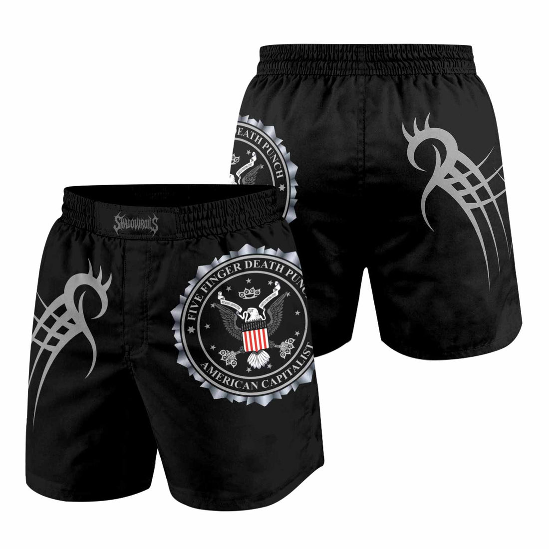 Five Finger Death Punch Grappling Shorts - front and back view