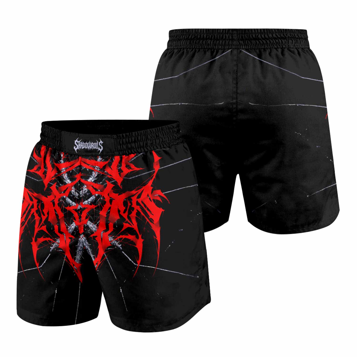 Crimson Arachnid Metal Grappling Shorts - front and back view