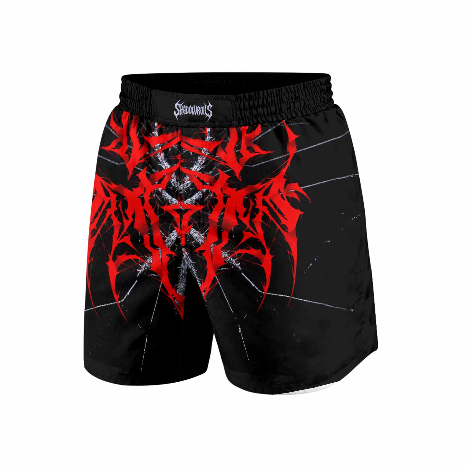 Crimson Arachnid Metal Grappling Shorts - front view mockup