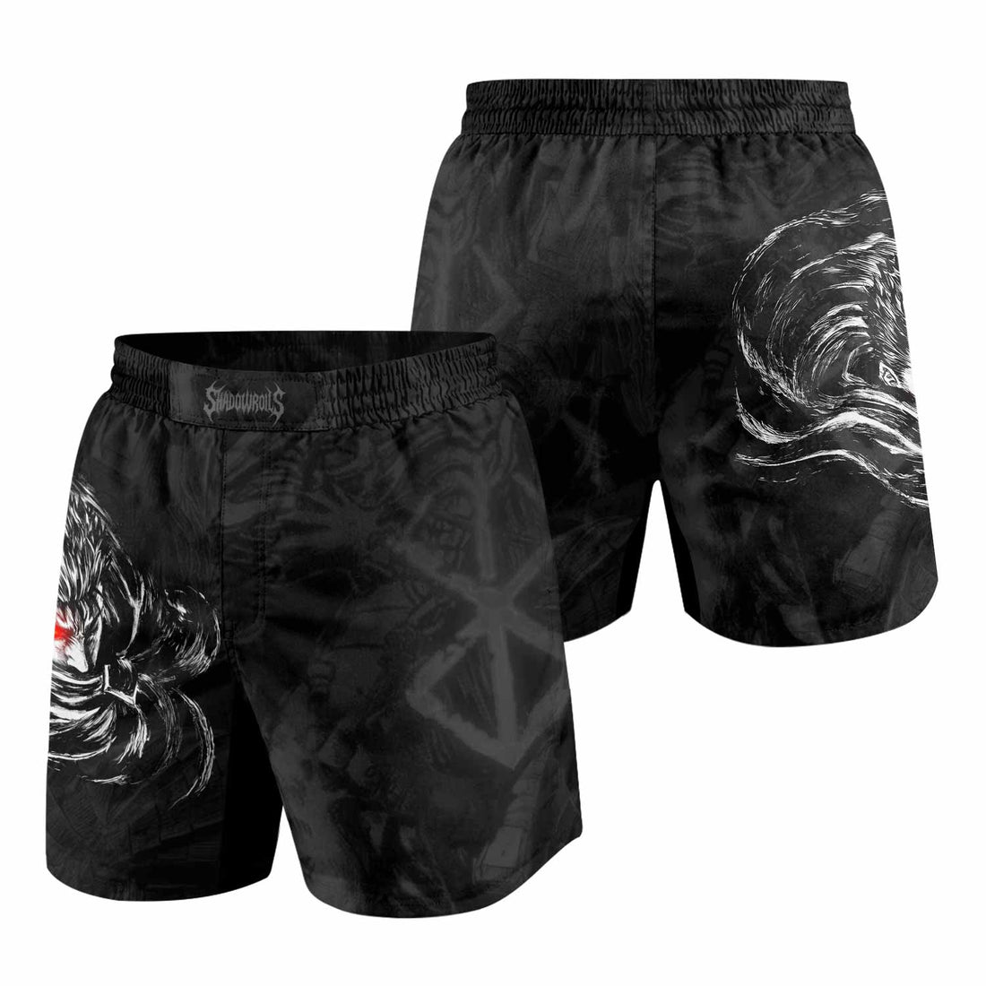 Black Swordsman Berserk Grappling Shorts - front and back view