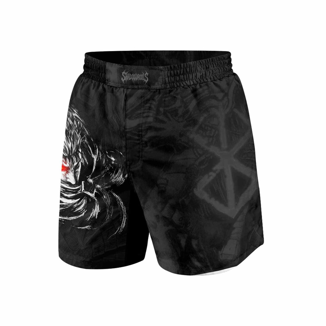 Black Swordsman Berserk Grappling Shorts - front and back view