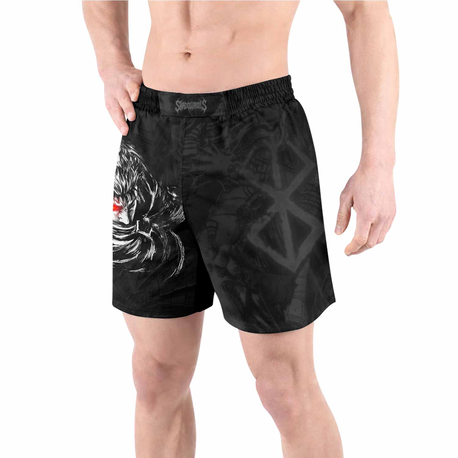 Black Swordsman Berserk Grappling Shorts - front view lifestyle